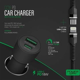Powerway PD20W CC35 3100 Amper Type-C To Lighting Hızlı Şarj Yeni Nesil Araç Şarj Seti