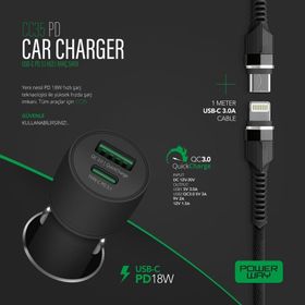 Powerway PD20W CC35 3100 Amper Type-C To Lighting Hızlı Şarj Yeni Nesil Araç Şarj Seti