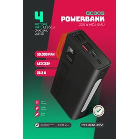Powerway QC30S Siyah 30.000 mAh PD 22.5W Dahili Kablolu Hızlı Şarj Led Işıklı Powerbank
