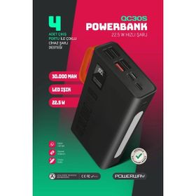 Powerway QC30S Siyah 30.000 mAh PD 22.5W Dahili Kablolu Hızlı Şarj Led Işıklı Powerbank