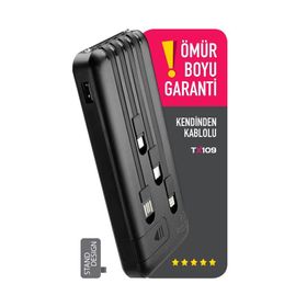 Powerway TX109 Siyah 10.000 Mah Dijital Göstergeli Ekstra Kablolu Dahili Stand Powerbank