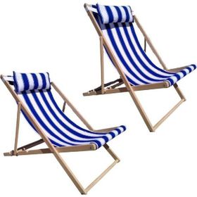 Prado Holiday Ahşap Bahçe Balkon 2 Adet Mavi Plaj Şezlongu