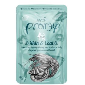 Pramy Skin Coat Jöle İçinde Karidesli Deniz Taraklı ve Ton Balıklı 70 gr Yetişkin Kedi Konservesi