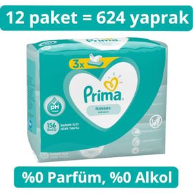 Prima Hassas Ciltler İçin Kokusuz 12'li 624 Yaprak Islak Havlu