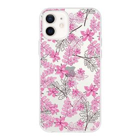 Printify Apple iPhone 12 Uyumlu Kapak Floral Pembe Tasarımlı Şeffaf Silikon Kılıf