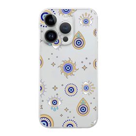 Printify Apple iPhone 14 Pro Max ile Uyumlu Nazar Boncuğu 5 Kamera Korumalı Şeffaf Silikon Kılıf