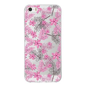 Printify Apple iPhone 5 Uyumlu Kapak Floral Pembe Tasarımlı Şeffaf Silikon Kılıf