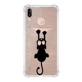 Printify Huawei P20 Lite Uyumlu Köşe Korumalı Antişok Kapak Çizgi Kedi Tasarımlı Şeffaf Kılıf