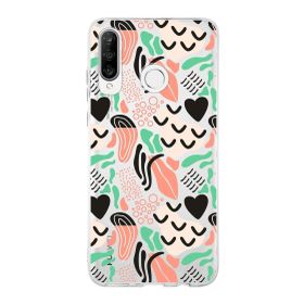 Printify Huawei P30 Lite İle Uyumlu 1 mm Kapak Memphis Desen Tasarımlı Şeffaf Silikon Cep Telefonu Kılıfı