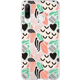 Printify Huawei P30 Lite İle Uyumlu 1 mm Kapak Memphis Desen Tasarımlı Şeffaf Silikon Cep Telefonu Kılıfı
