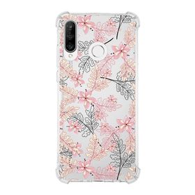 Printify Huawei P30 Lite Uyumlu Köşe Korumalı Antişok Kapak Floral Kırmızı Tasarımlı Şeffaf Kılıf