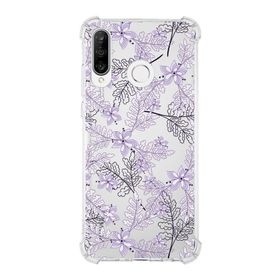 Printify Huawei P30 Lite Uyumlu Köşe Korumalı Antişok Kapak Floral Lila Tasarımlı Şeffaf Kılıf