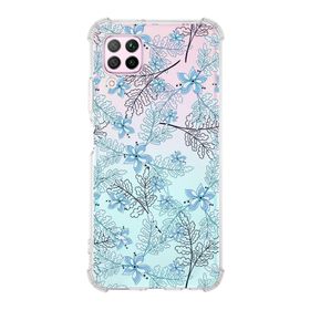 Printify Huawei P40 Lite Uyumlu Köşe Korumalı Antişok Kapak Floral Mavi Şekiller Tasarımlı Şeffaf Kılıf