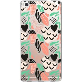 Printify Huawei P8 İle Uyumlu 1 mm Kapak Memphis Desen Tasarımlı Şeffaf Silikon Cep Telefonu Kılıfı