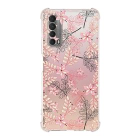 Printify Huawei PSmart 2021 Uyumlu Köşe Korumalı Antişok Kapak Floral Kırmızı Tasarımlı Şeffaf Kılıf