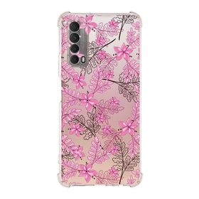 Printify Huawei PSmart 2021 Uyumlu Köşe Korumalı Antişok Kapak Floral Pembe Tasarımlı Şeffaf Kılıf