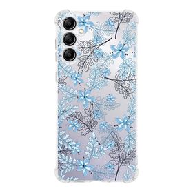 Printify Samsung Galaxy A14 Uyumlu Köşe Korumalı Antişok Kapak Floral Mavi Tasarımlı Şeffaf Silikon Kılıf