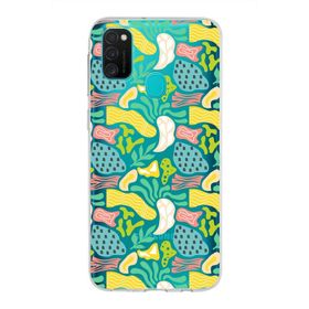 Printify Samsung Galaxy M21 İle Uyumlu 1mm Kapak Memphis Desen Tasarımlı Şeffaf Silikon Cep Telefonu Kılıfı
