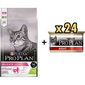 Pro Plan Delicate Kuzulu 1.5 kg Yetişkin Kedi Maması + 24x85 gr Adult Tavuk Etli Yetişkin Kedi Konservesi