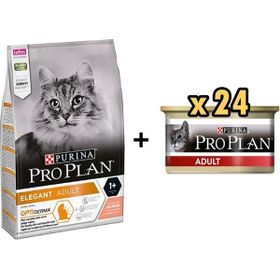 Pro Plan Elegant Somonlu 3 kg Yetişkin Kedi Maması + 24x85 gr Adult Tavuk Etli Yetişkin Kedi Konservesi