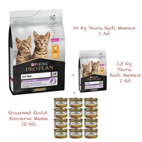 Pro Plan Tavuklu Pirinçli 10 kg Yavru Kedi Maması + 1500 gr Kuru Mama + 12'li Yaş Mama