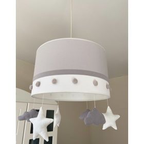 Pudradecor 35 cm Gri Beyaz Ponponlu Bebek Çocuk Odası Avize Tavan Lambası