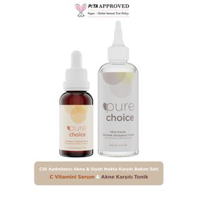 Pure Choice Cilt Aydınlatıcı Akne ve Siyah Nokta Karşıtı Bakım Seti C Vitamini Serumu Akne Karşıtı Tonik