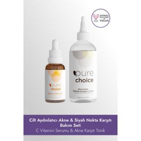 Pure Choice Cilt Aydınlatıcı Akne ve Siyah Nokta Karşıtı Bakım Seti C Vitamini Serumu Akne Karşıtı Tonik
