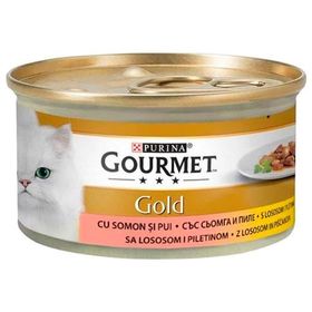 Purina Gourmet Gold 85×12 gr Parça Etli Soslu Somonlu ve Tavuklu Kedi Konservesi