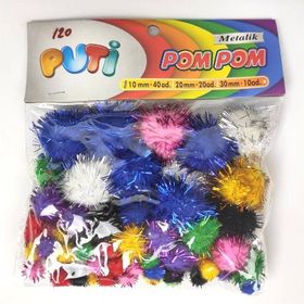 Puti Karışık Boy Metalik Pom Pom