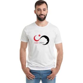 Qivi 10 Kasım Silüet Turk Bayrağı Baskılı Beyaz Erkek Örme Tshirt