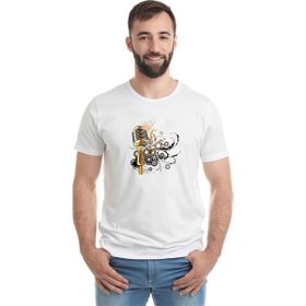 Qivi Altın Renkli Mikrofon Mikrofon Shure Müzik Baskılı Beyaz Erkek Örme Tshirt