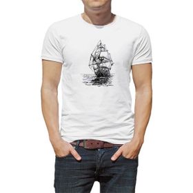 Qivi Amiral Gemisi Çizim Yelkenli Gemi Kalem Baskılı Baskılı Beyaz Erkek Örme T-shirt
