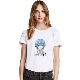 Qivi Anime Evangelion Baskılı Örme Beyaz Kadın T-shirt