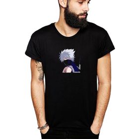 Qivi Anime Kakashi Baskılı Siyah Erkek Örme T-shirt