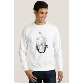 QIVI Anime Naruto Baskılı Beyaz Erkek Uzun Kol Örme Sweatshirt