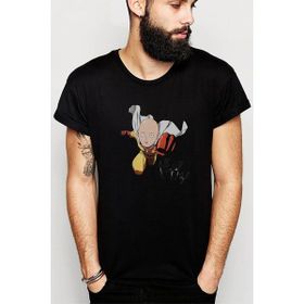 Qivi Anime One Punch Man Baskılı Siyah Erkek Örme T-shirt