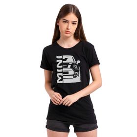 Qivi Araba Mini Baskılı Siyah Örme Kadın T-shirt