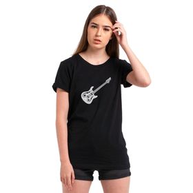 Qivi Bas Gitar Siyah Ve Beyaz Elektro Gitar Baskılı Siyah Kadın Örme T-shirt