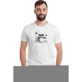 Qivi Bateri Drum Watercolor Baskılı Beyaz Erkek Örme T-shirt
