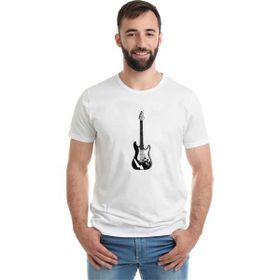 Qivi Beyaz Ve Siyah Elektro Gitar Baskılı Beyaz Erkek Örme T-shirt