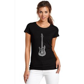 Qivi Beyaz ve Siyah Elektro Gitar Siyah Kadın Örme T-shirt