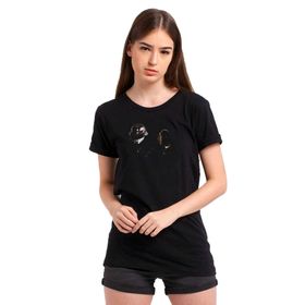 Qivi Daft Punk Baskılı Örme Siyah Kadın T-shirt
