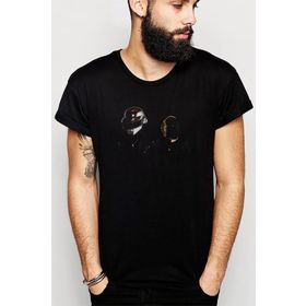 Qivi Daft Punk Baskılı Siyah Erkek Örme T-shirt