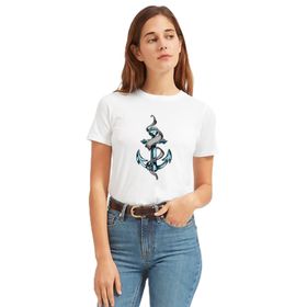 Qivi Deniz Çapa Baskılı Örme Beyaz Kadın T-shirt
