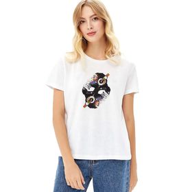 Qivi Dj Monkey Baskılı Örme Beyaz Kadın T-shirt