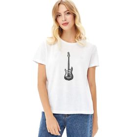 Qivi Drawing Elektro Guitar Red Baskılı Örme Beyaz Kadın T-shirt