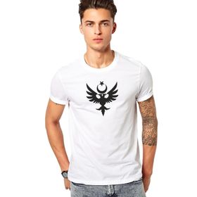 Qivi Göktürk Türk Selçuklu Kartalı Baskılı Beyaz Erkek Örme T-shirt
