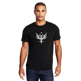 Qivi Göktürk Türk Selçuklu Kartalı Baskılı Siyah Erkek Örme T-shirt