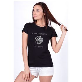 Qivi GOT House Targaryen Baskılı Siyah Kadın Örme T-shirt
